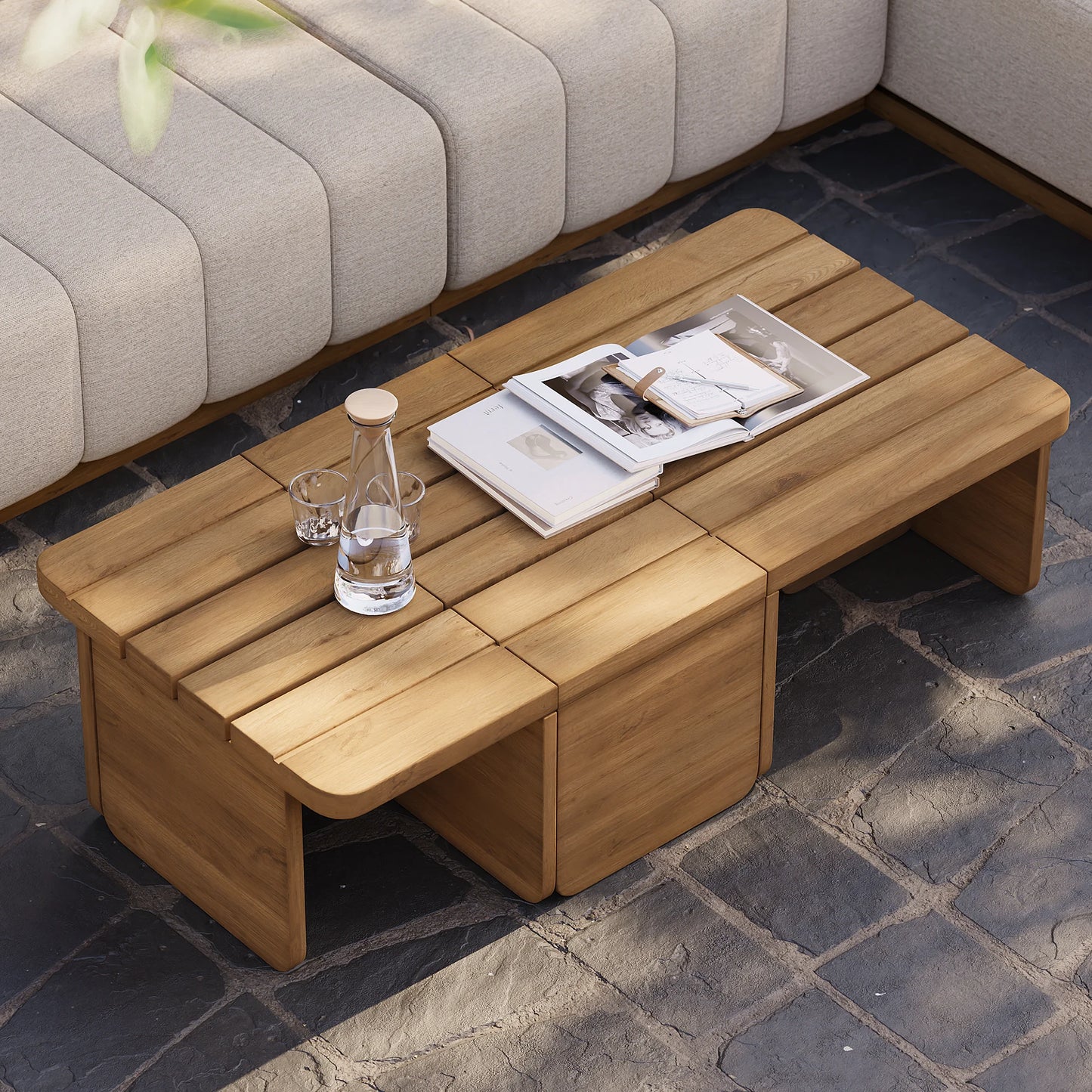 Table basse d'extérieur rectangulaire modulaire en bois de teck à lattes