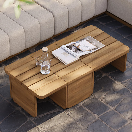 Table basse d'extérieur rectangulaire modulaire en bois de teck à lattes