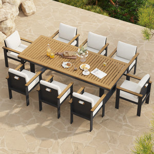 Table à manger rectangulaire en bois et aluminium pour 6 personnes pour terrasse extérieure, 8 chaises de salle à manger