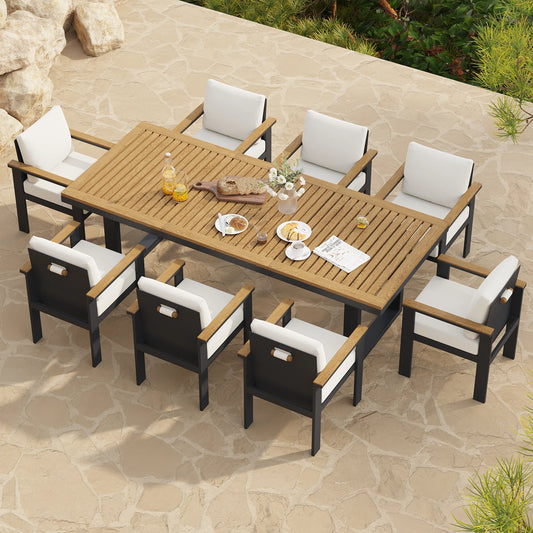 Table à manger rectangulaire en bois et aluminium pour 6 personnes pour terrasse extérieure, 8 chaises de salle à manger