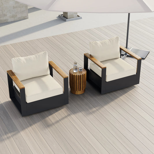 Ensemble de 2 chaises pivotantes d'extérieur en bois et aluminium beige avec coussin