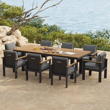 Table à manger rectangulaire en bois et aluminium pour 6 personnes pour terrasse extérieure, 8 chaises de salle à manger