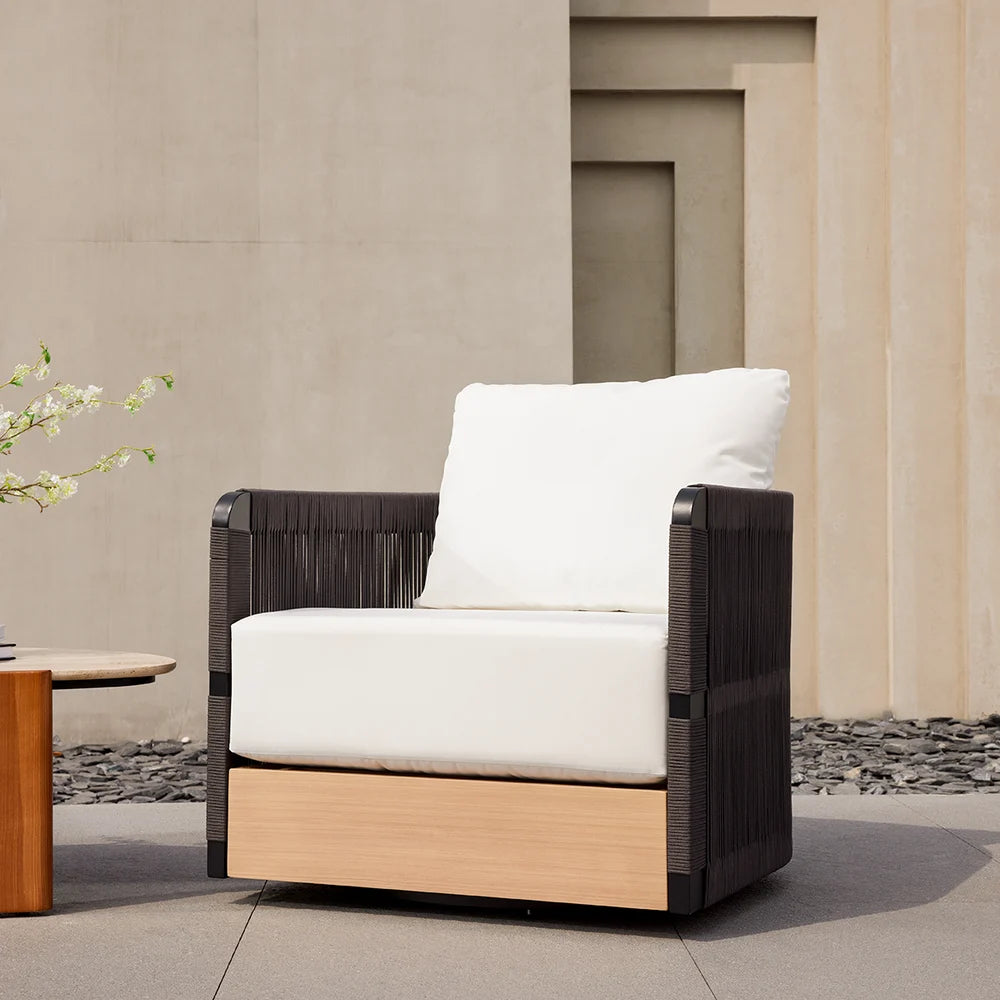 Fauteuil pivotant d'extérieur en corde tissée noire, canapé, fauteuil de patio côtier rotatif à 360 degrés