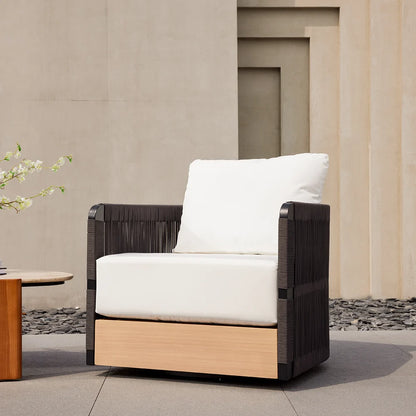 Fauteuil pivotant d'extérieur en corde tissée noire, canapé, fauteuil de patio côtier rotatif à 360 degrés